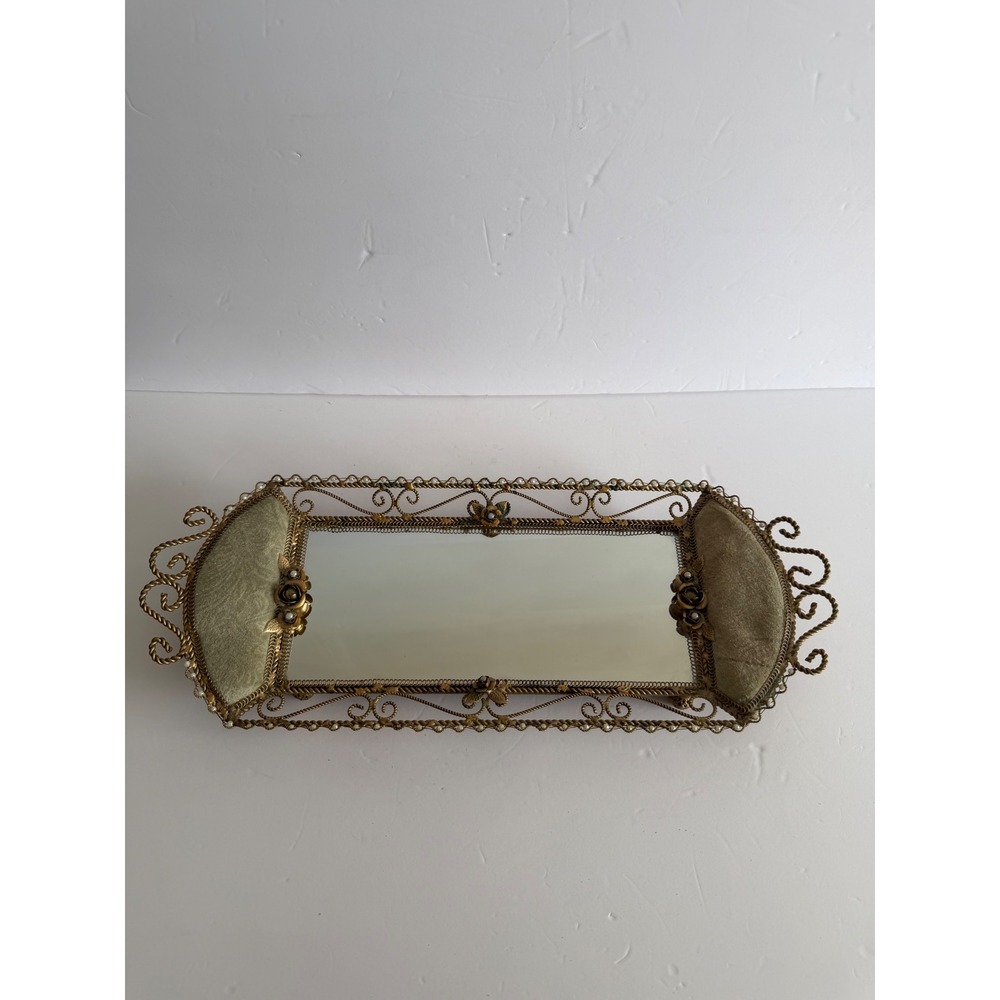 VTG Hollywood Regency Mirrored Vanity Tray, Gold Wire Filigree Velvet Handles.
